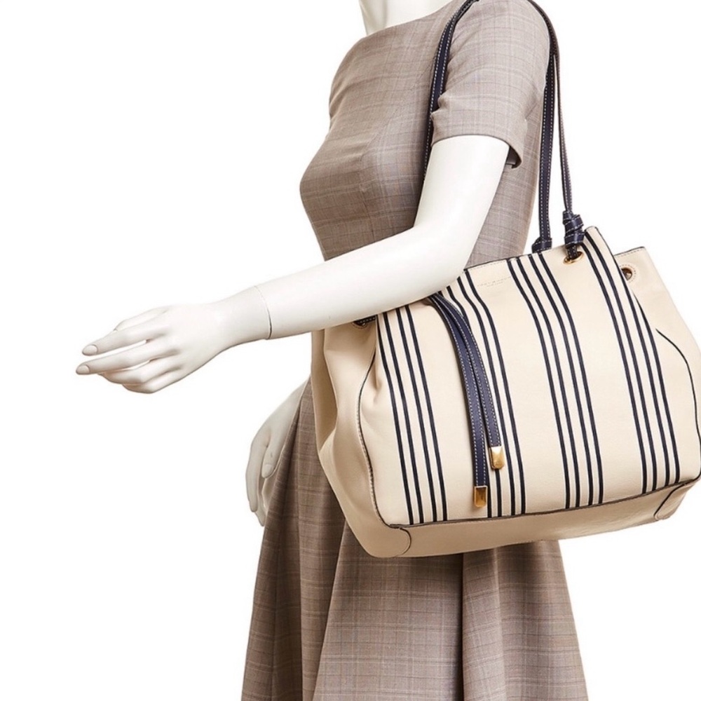 Tory Burch Cream and Navy Striped Drawstring Bucket Shoulder Bag - Picture 7 of 13